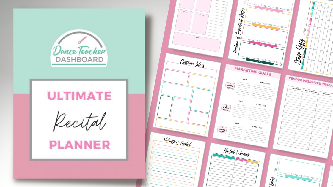 Fanned-out pages of the free dance studio recital planner
