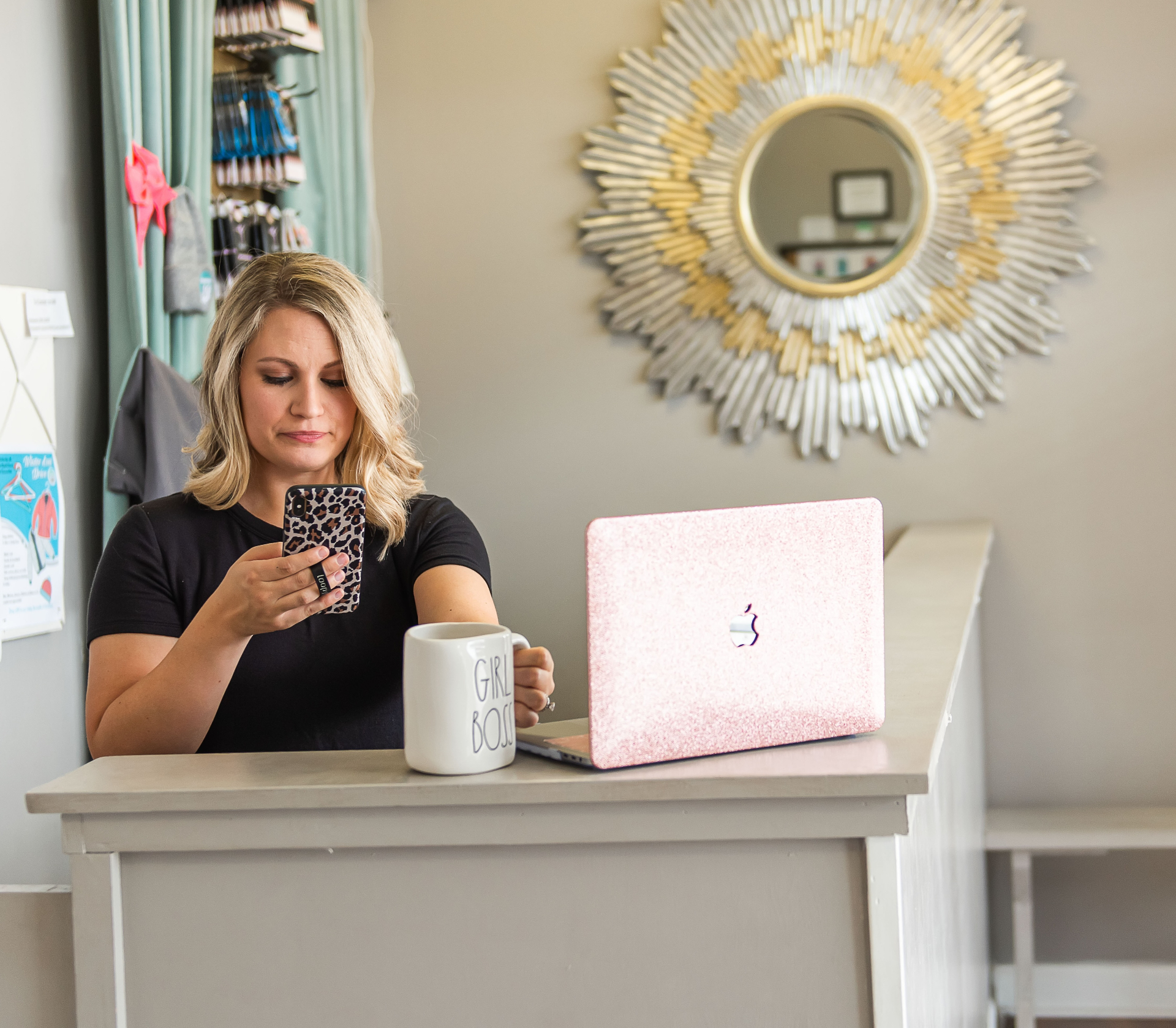 Cameron Ligon working at her dance studio desk